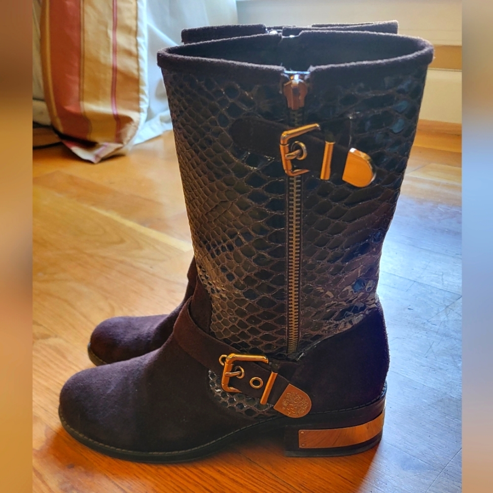 Brown Leather Snake Embossed Vince Camuto Moto Boot SZ. 8.5